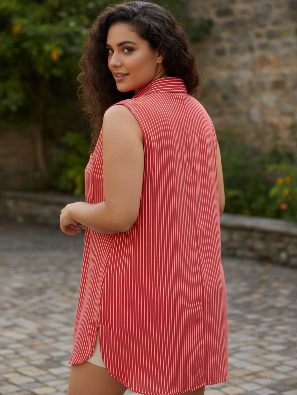 Sleeveless Plus Size 3X Red & White Striped Button-Front Tunic Shirt - Picture 3 of 6